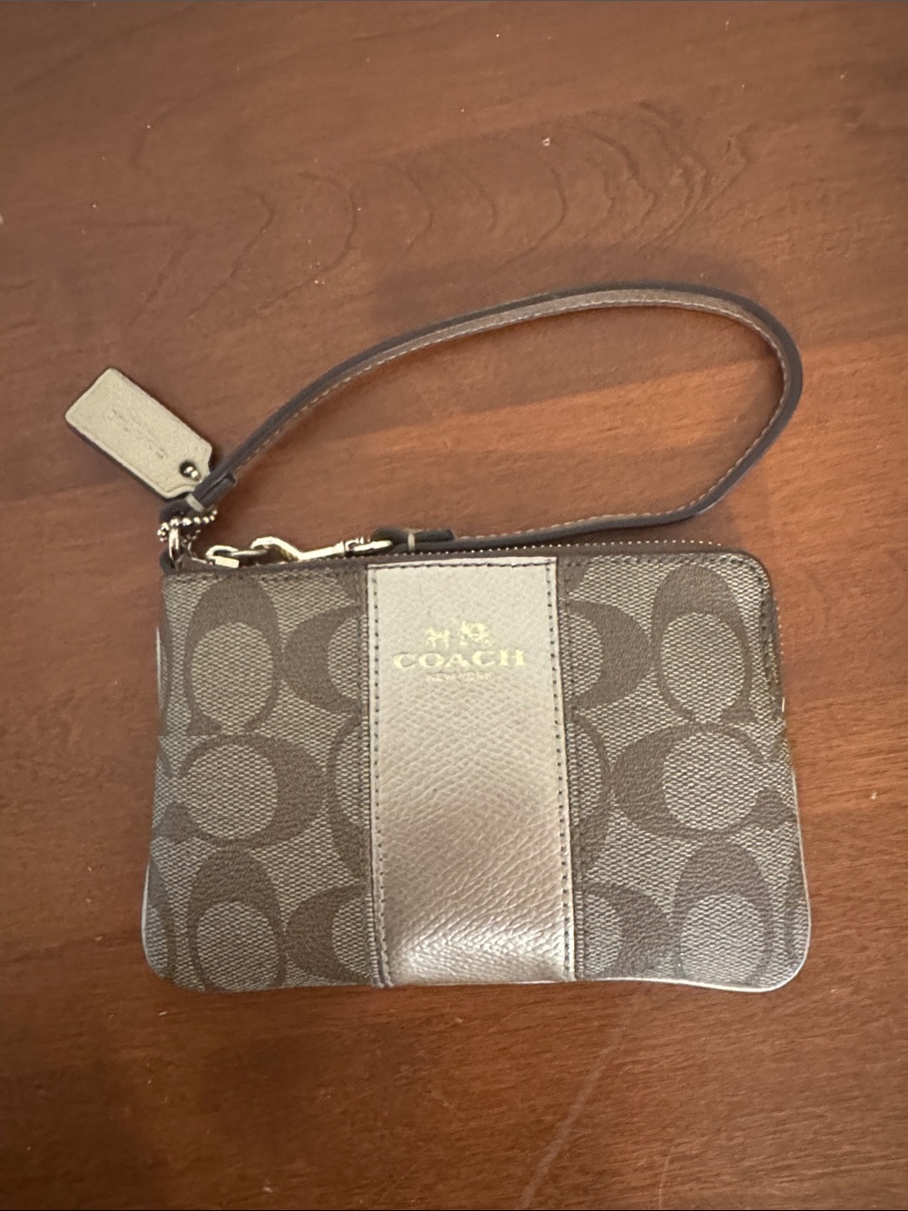 Coach Brown Signature Canvas Wristlet with Leather Trim
